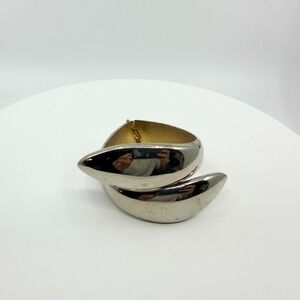 Vintage Silver Tone Modernist Bypass Bangle Bracelet Chunky Hinged Clamper Bold